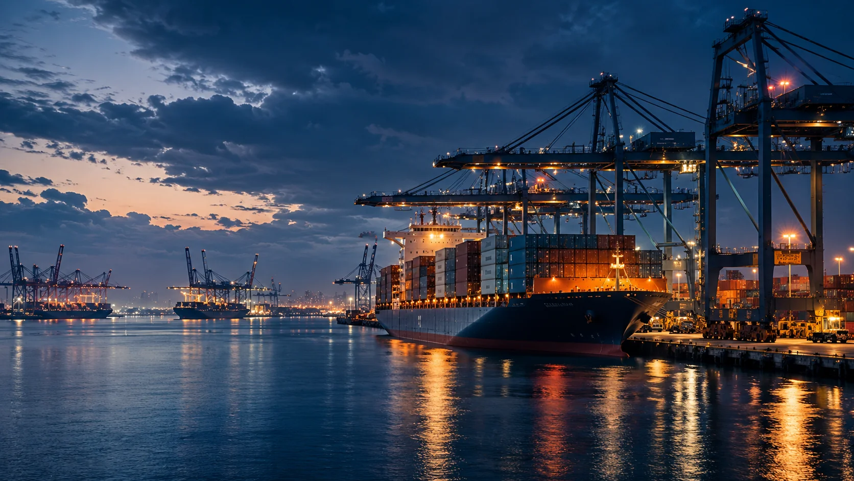 Cargo vessel and container terminal at blue hour